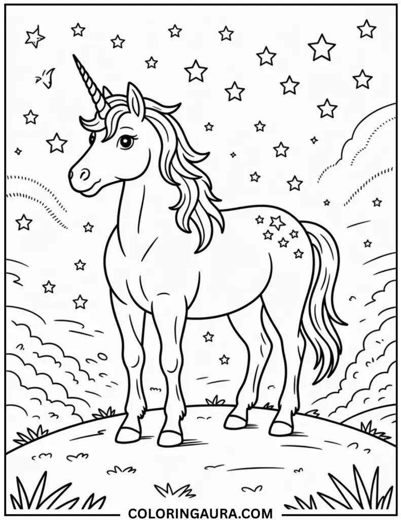 Outline art for coloring featuring a regal unicorn with a spiraled horn, standing on a grassy hill, surrounded by many large and small outlined stars and abstract background elements.