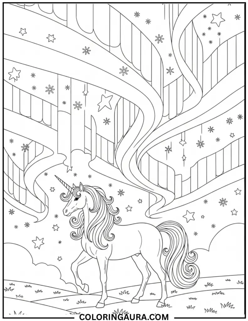 Outline art for coloring featuring a beautiful, majestic unicorn with a long, curly mane and tail, standing on a grassy hill beneath a swirling aurora borealis and twinkling stars.