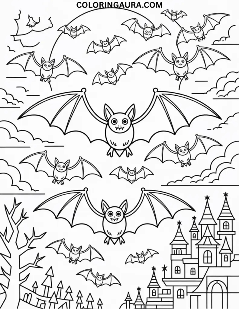 Outline of bats flying across a moonlit sky with a castle in the background.