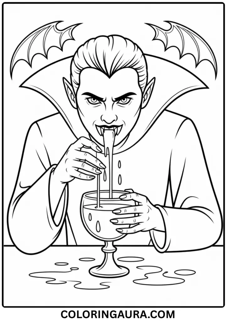 Outline of a vampire about to drink from a goblet of blood surrounded by gothic decor