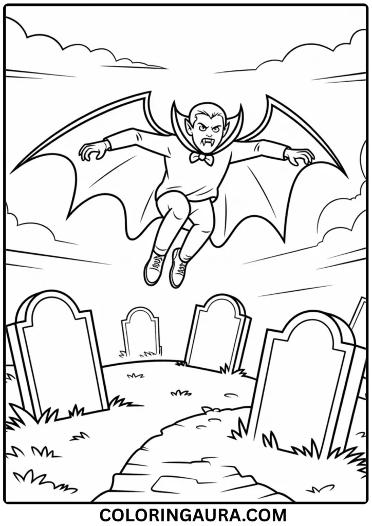 Outline of a vampire swooping through the night sky over crooked tombstones and fog