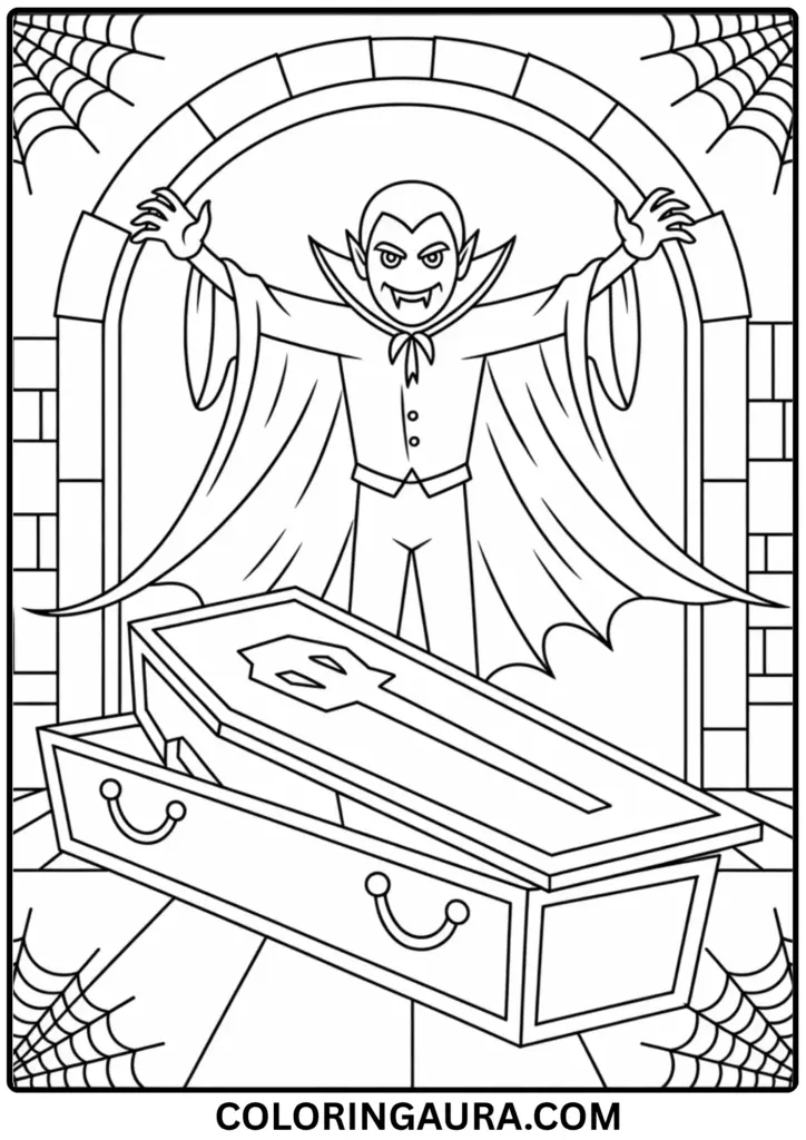 Outline of a vampire with glowing eyes climbing from an open coffin in a cobwebbed crypt