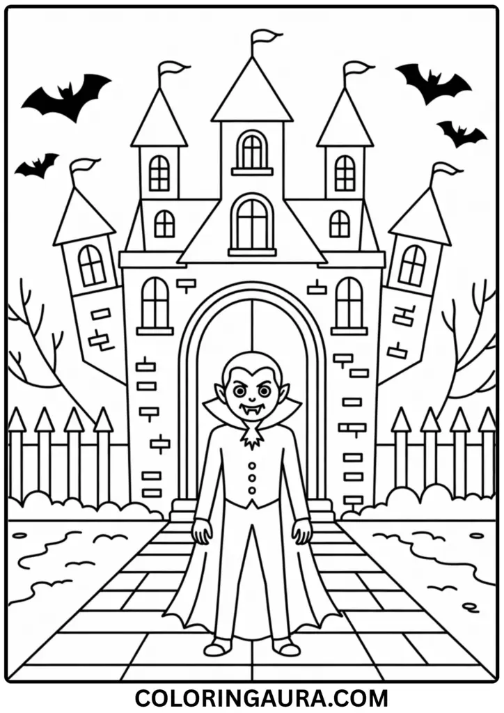 Outline of a vampire at the entrance of a haunted castle with bats and creeping fog