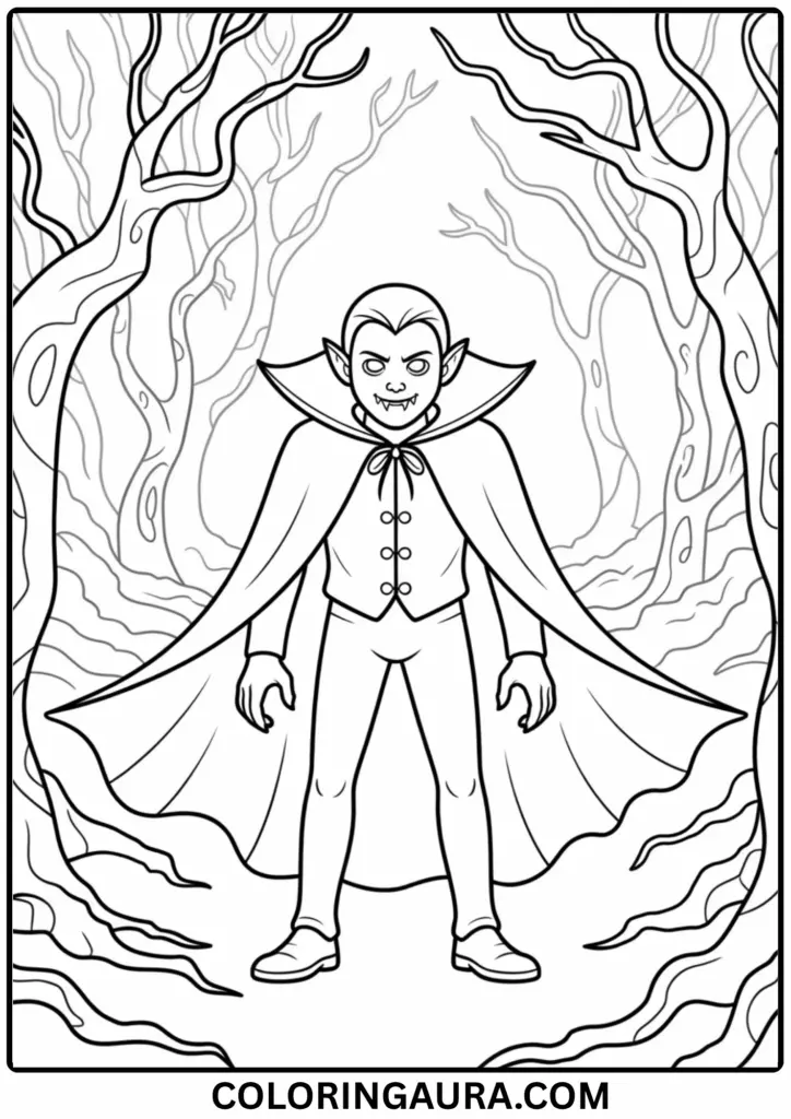 Outline of a vampire standing among twisted trees and thick fog with glowing eyes