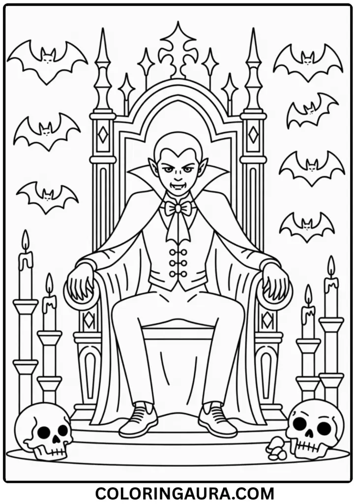 Outline of a vampire seated on an ornate throne with bats, skulls, and candles