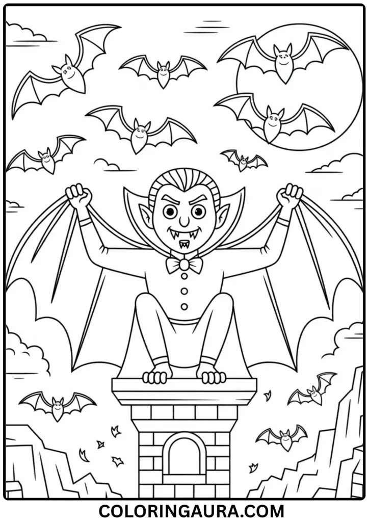 Outline of a vampire surrounded by bats, standing on a castle tower with a glowing moon behind