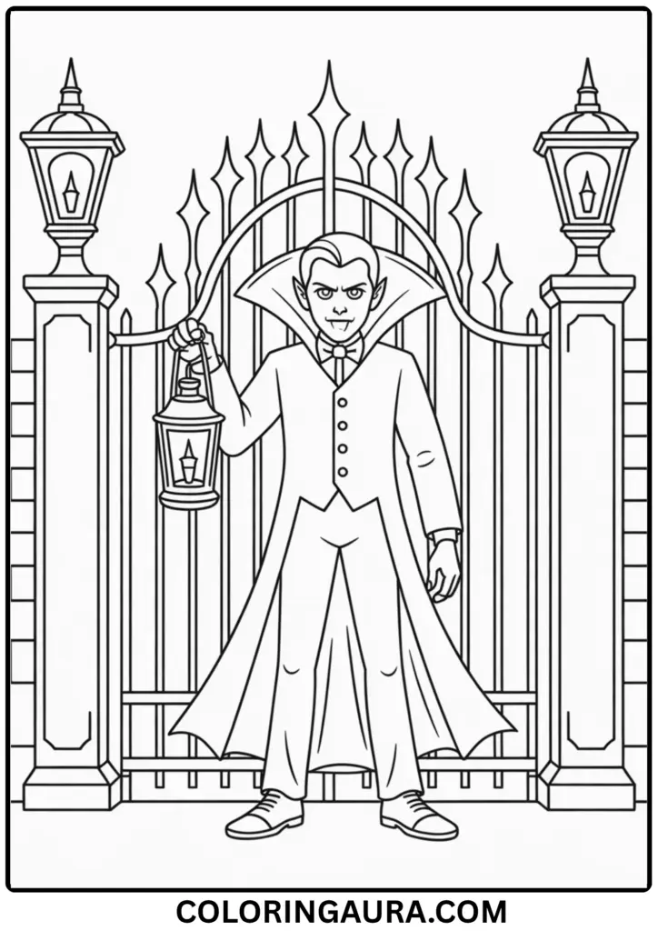 Outline of a vampire holding a lantern before a wrought-iron gate casting eerie shadows