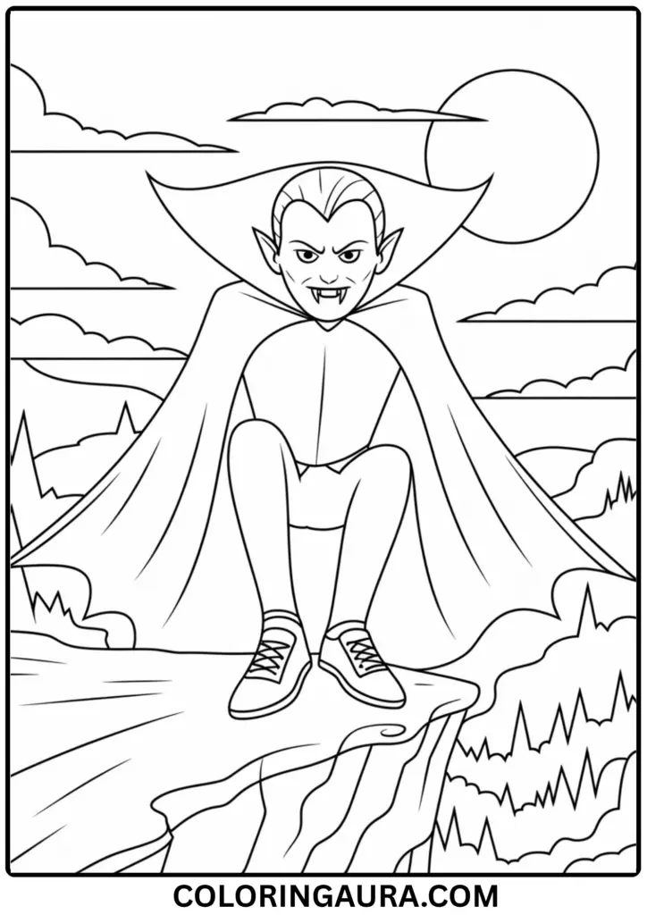 Outline of a vampire on a cliff under a full moon, moonlight shining on his pale face and fangs