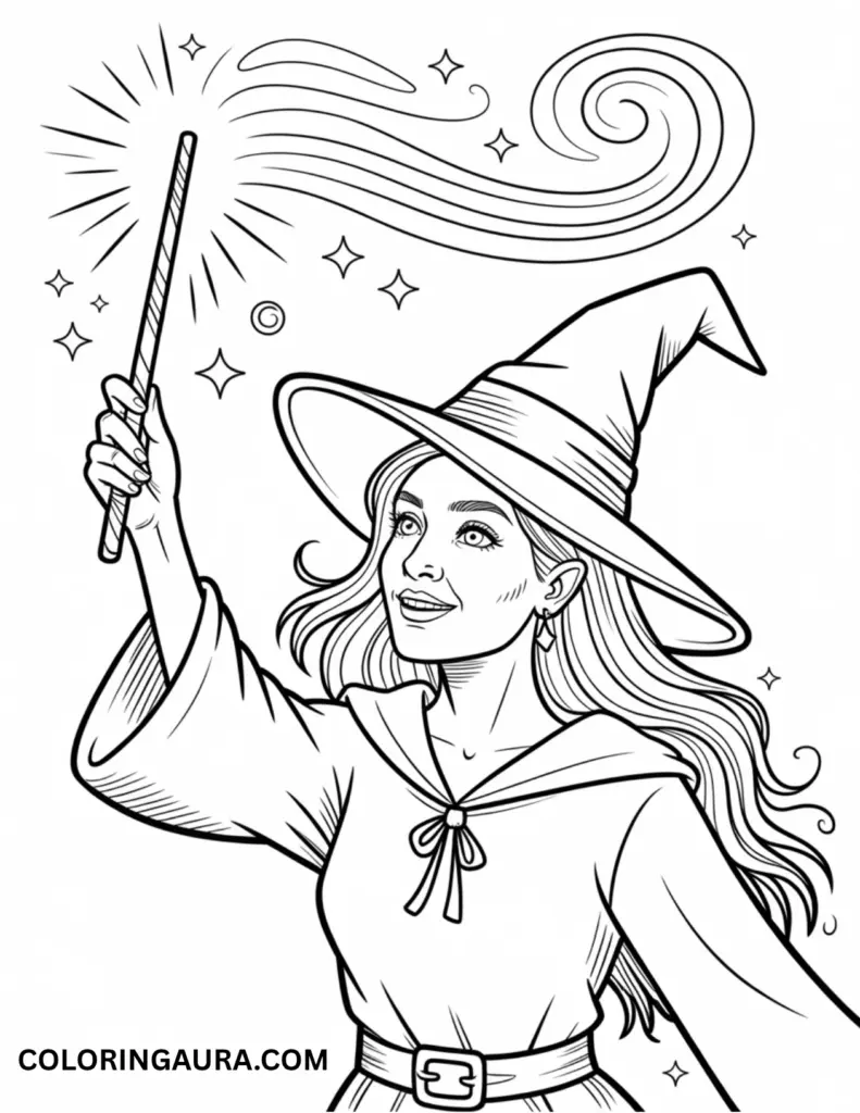 Outline art for coloring featuring a smiling witch in a pointed hat, raising a magic wand that is emitting sparks and swirling magical energy