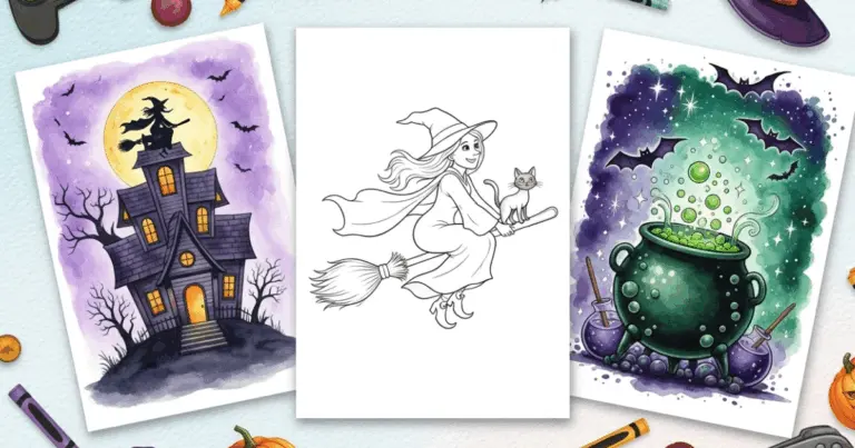 A flat lay photo showing three Halloween coloring pages scattered on a textured watercolor background. The pages depict a flying witch with a cat (center, outline art), a haunted house under a full moon (left, colored watercolor), and a bubbling cauldron with potions (right, colored watercolor)