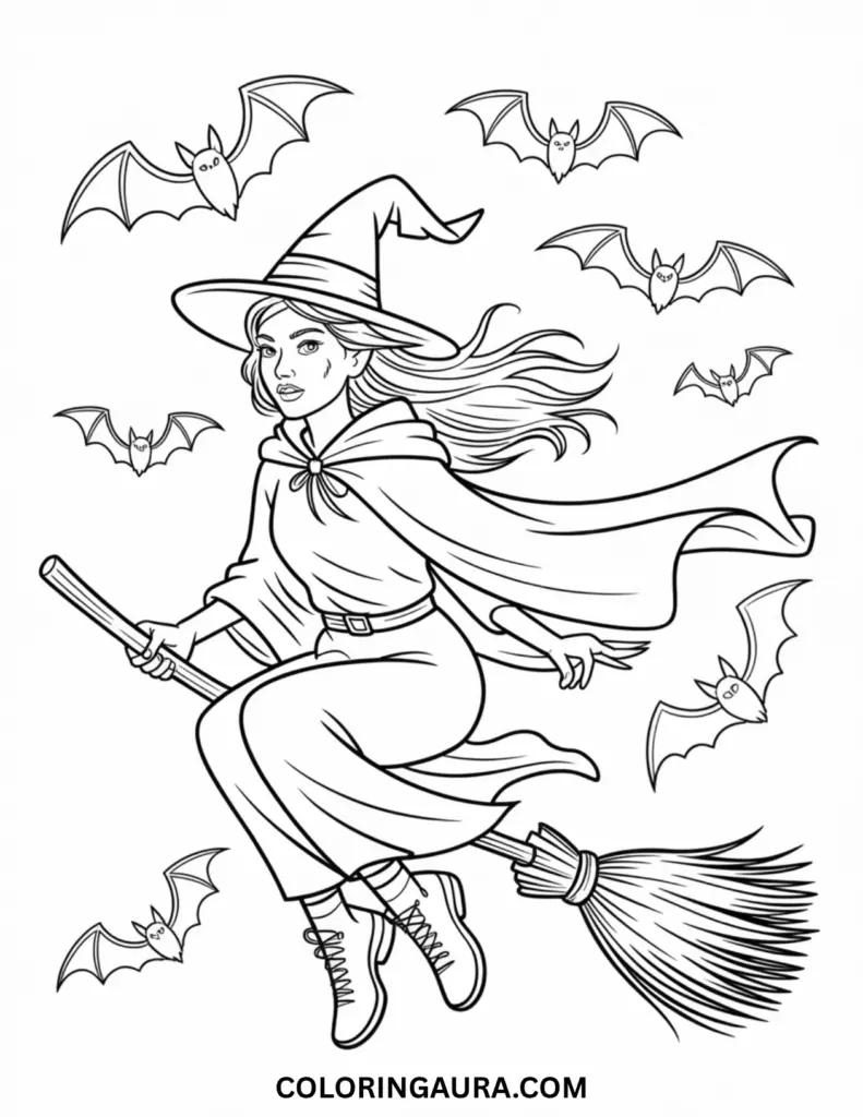 Outline art for coloring featuring a witch in a pointed hat and cape, riding a broomstick through the night sky, surrounded by many flying bats. Her hair and cloak flow in the wind.