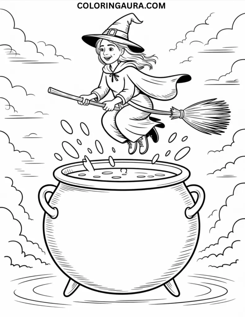 Outline art for coloring featuring a cheerful, cartoon witch in a pointed hat flying over a huge, bubbling cauldron, using a broomstick to steer and surrounded by clouds