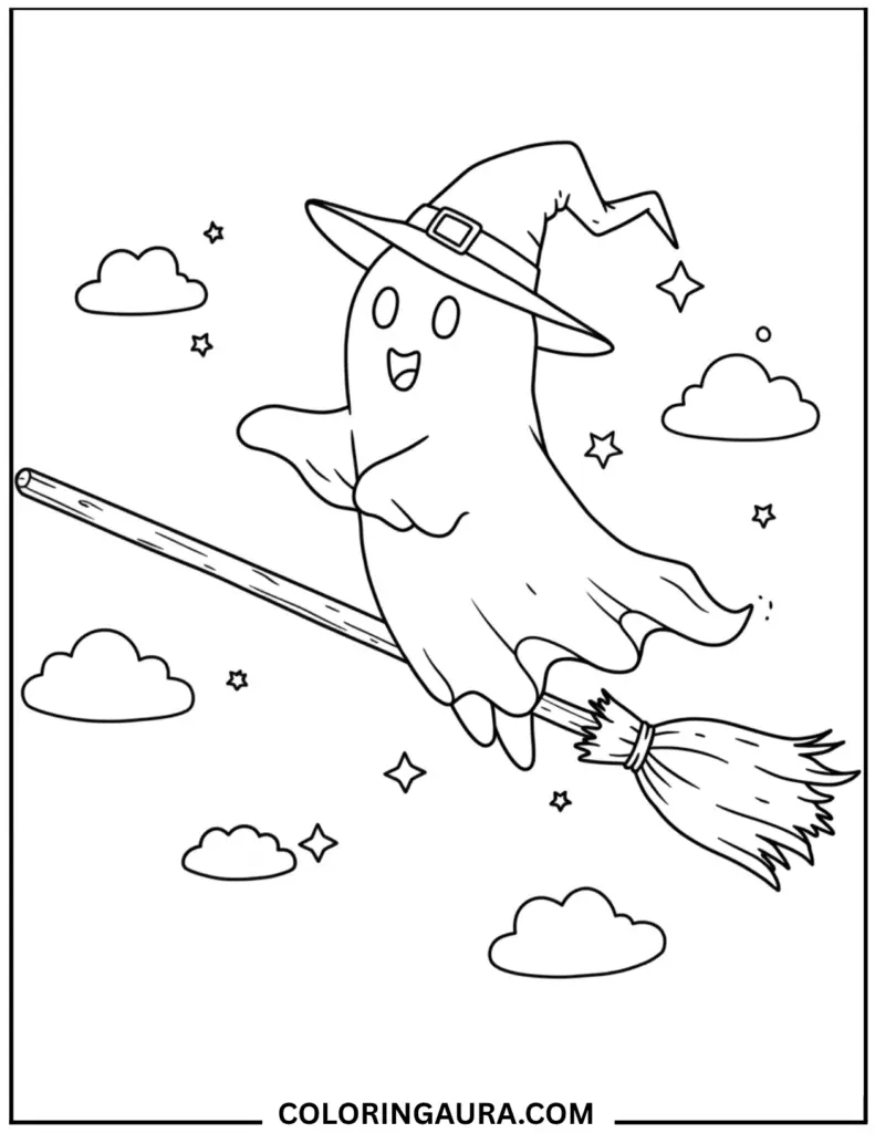 Outline art for coloring showing a happy, cartoon ghost wearing a pointed witch's hat, flying through the sky on a traditional straw broomstick, surrounded by clouds and stars.