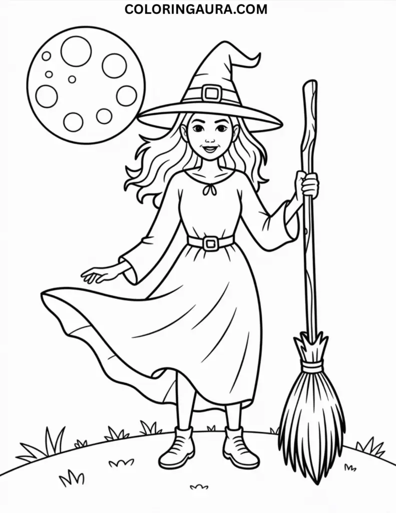 Outline art for coloring featuring a beautiful, serene witch in a pointed hat and robe, gently holding a large, wise-looking owl perched on her arm, surrounded by stars and magical floating orbs