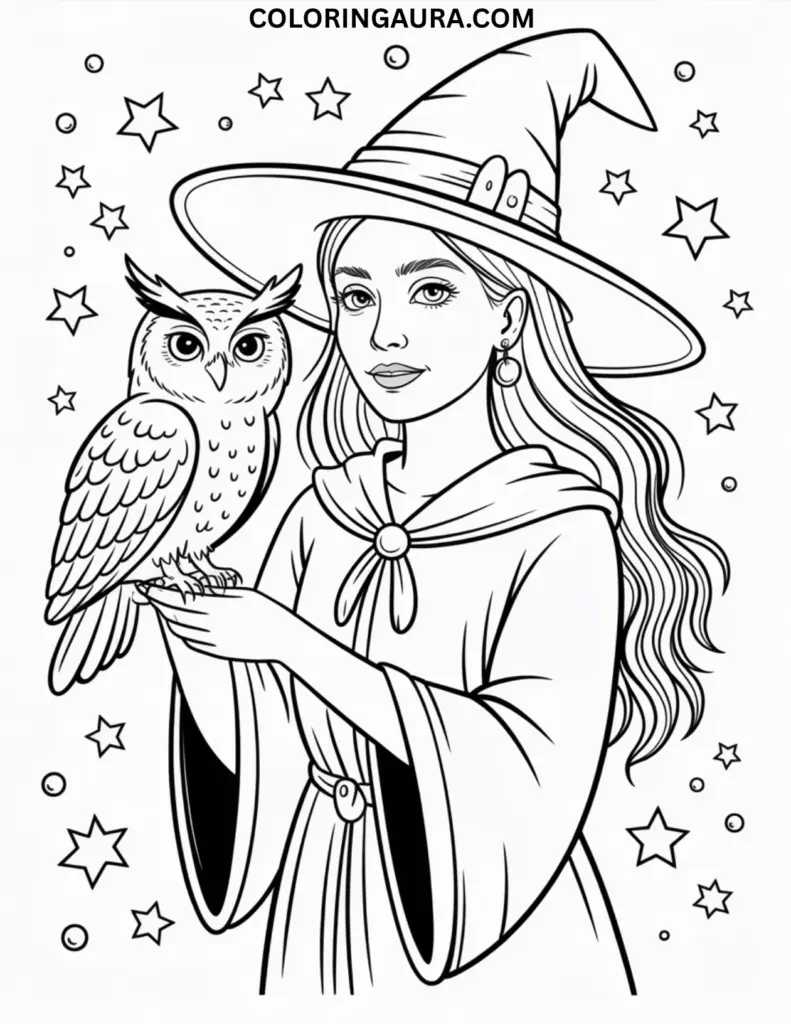 Outline art for coloring featuring a smiling witch in a pointed hat and robe, gently holding a large, wise-looking owl perched on her arm, surrounded by stars and magical floating orbs