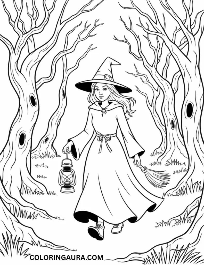 Outline art for coloring featuring a witch in a pointed hat and long robe, walking through a spooky forest of twisted, gnarled trees, holding a lantern in one hand and a broom in the other