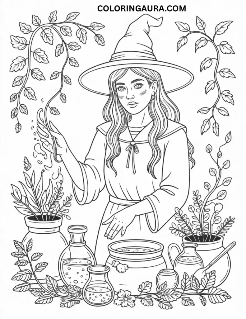 Outline art for coloring featuring a witch in a pointed hat and robe, tending to various potted plants and potion bottles, with decorative vines curling around the scene