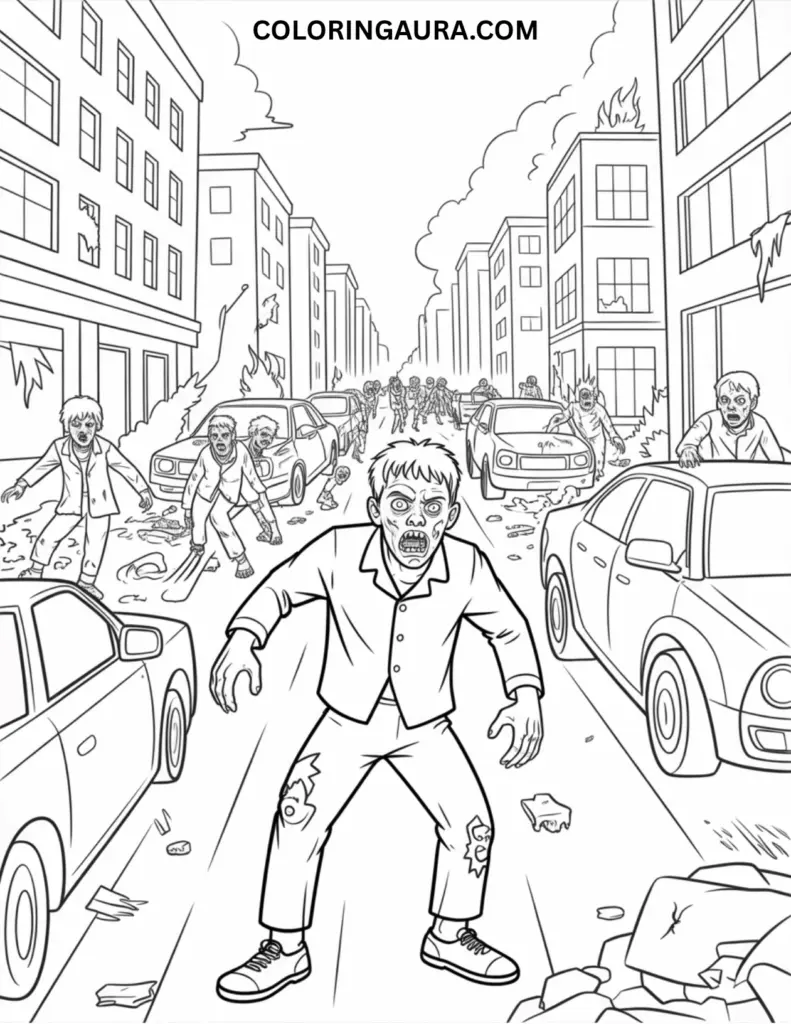 Black and white line art coloring page depicting a chaotic city street during a zombie apocalypse, with several zombies staggering among abandoned and crashed cars. A large zombie in a ripped suit is in the foreground