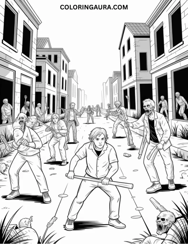Outline art for coloring featuring a group of armed human survivors battling a horde of zombies in a deserted city street lined with abandoned buildings.