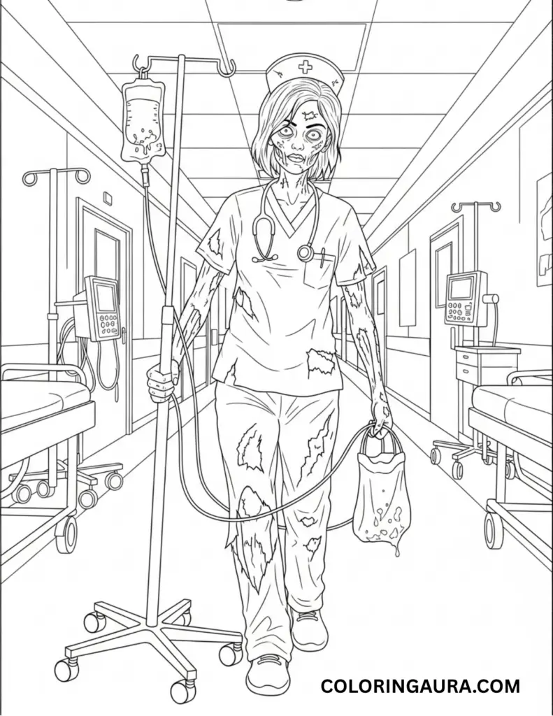 Black and white line art coloring page of a decomposed zombie nurse in ripped scrubs, dragging a bloodied IV pole down a deserted, eerie hospital hallway.