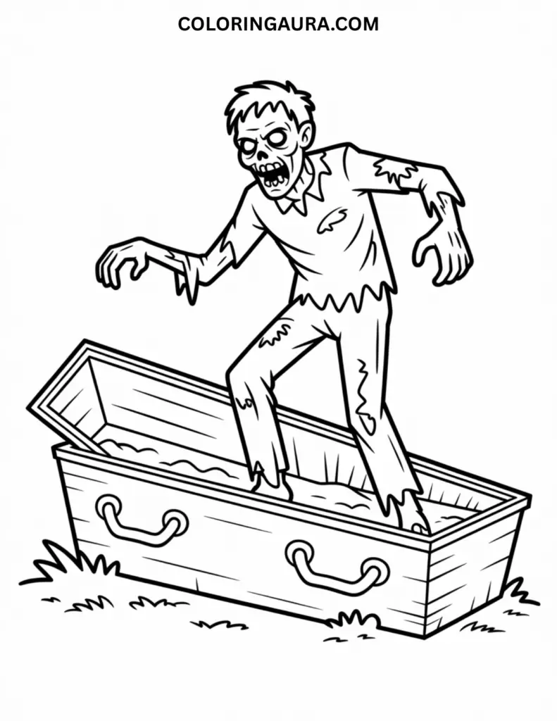 Outline of a zombie climbing from a coffin with glowing eyes and torn clothes