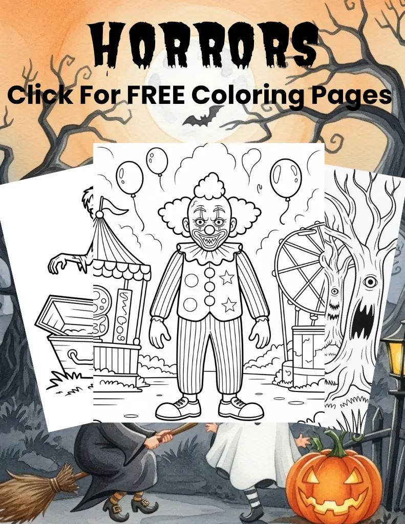 Halloween poster featuring three horror-themed coloring pages with a scary clown, haunted carnival, and spooky tree under a full moon