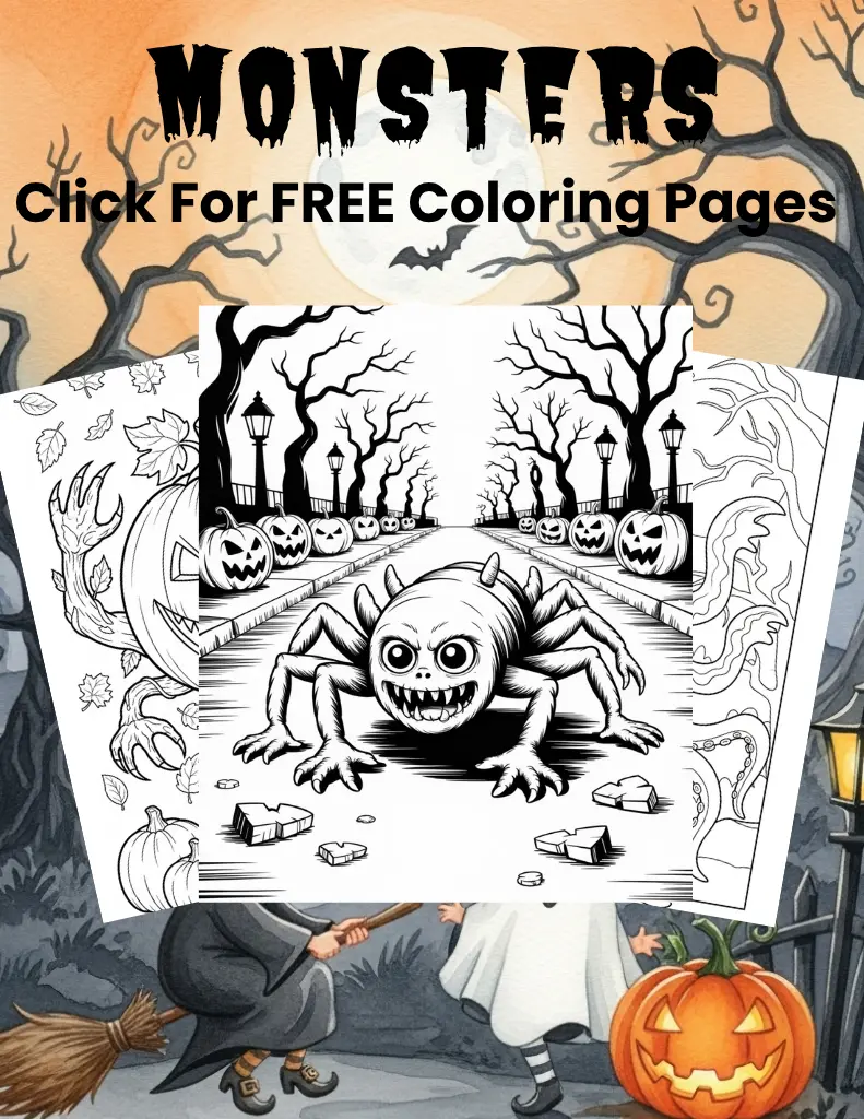 Promotional graphic with the word "MONSTERS" for free coloring pages. It features a spooky night scene with a full moon, bare trees, and a central black and white drawing of a spider-like monster on a path lined with jack-o'-lanterns