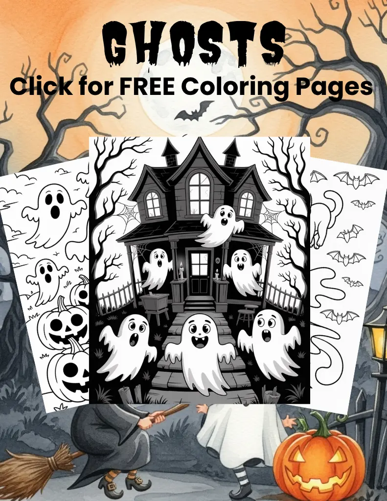 Outline art for coloring featuring a ghost with a surprised, wide-open mouth floating above a group of three carved jack-o'-lanterns and a small cauldron holding candles