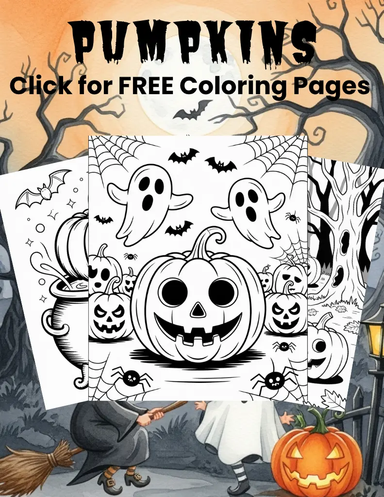 A festive illustration of three coloring pages layered on a watercolor background with spooky trees and an orange full moon. The pages prominently feature jack-o'-lanterns, ghosts, bats, and spiderwebs with bold text reading "PUMPKINS Click for FREE Coloring Pages