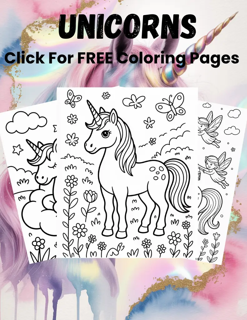 A promotional image with the text "UNICORNS Click For FREE Coloring Pages" overlaid on a dreamy, pink and gold watercolor background, featuring a stack of three printable coloring pages showing a unicorn in a garden, a unicorn resting on a cloud, and fairies