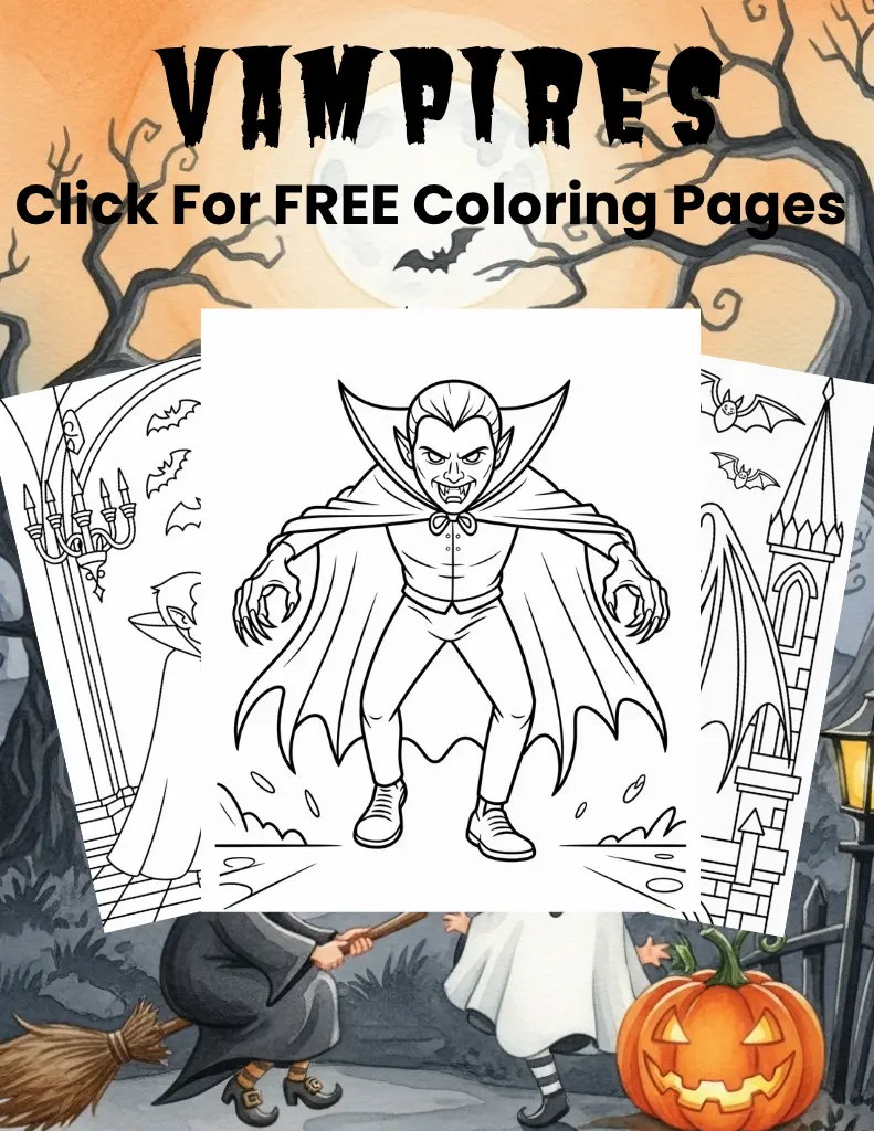 Halloween poster featuring three vampire-themed coloring pages with classic vampires, bats, and gothic castles under a full moon.