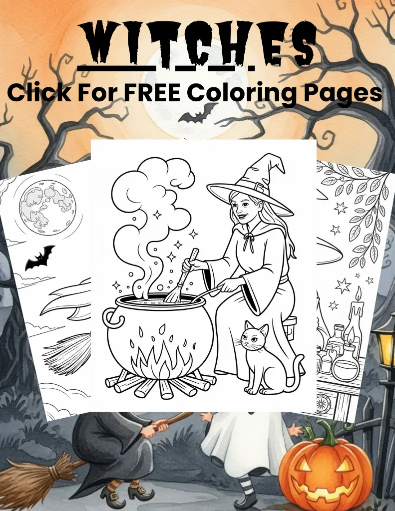 Outline art for coloring featuring a smiling witch in a pointed hat and cape flying cheerfully on a broomstick with her small black cat perched behind her