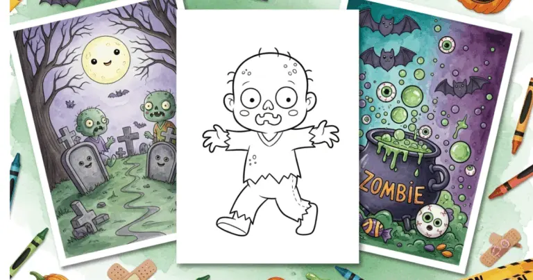 A featured image showing three cartoon-style zombie coloring pages: a graveyard scene, a simple walking baby zombie, and a cauldron labeled "ZOMBIE" surrounded by bats and eyeballs