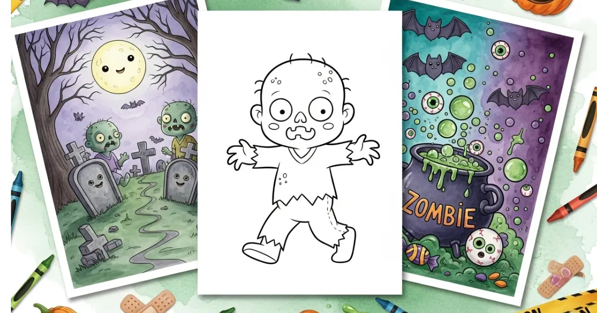 A featured image showing three cartoon-style zombie coloring pages: a graveyard scene, a simple walking baby zombie, and a cauldron labeled "ZOMBIE" surrounded by bats and eyeballs