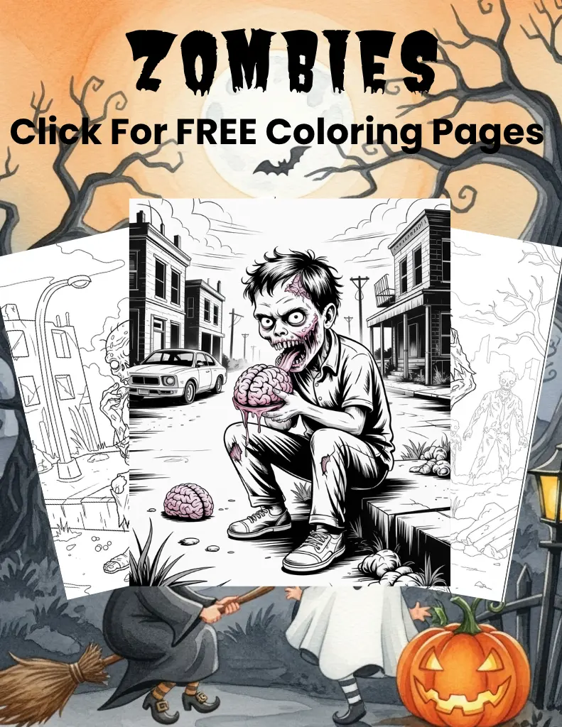 Promotional graphic with the word "ZOMBIES" for free coloring pages. It features a spooky night scene with a full moon, bare trees, and a central black and white drawing of a zombie eating a brain on a city curb.