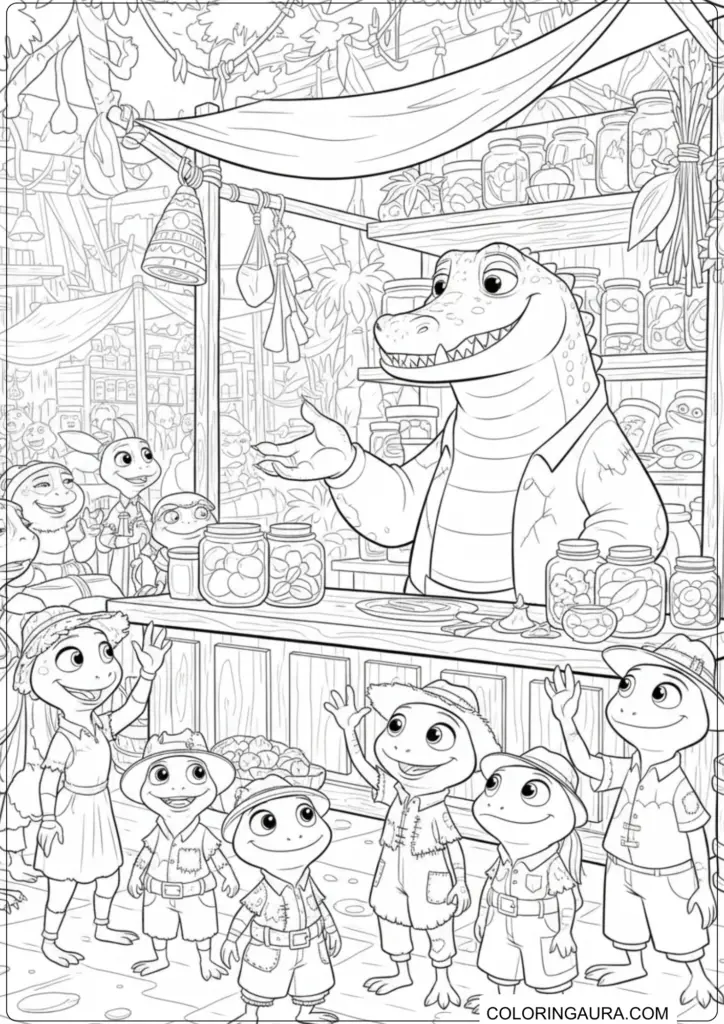 A friendly alligator shopkeeper serving happy lizard customers at a detailed market stall with jars