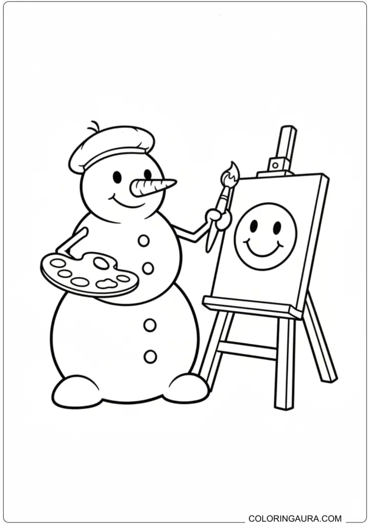 Snowman artist wearing a beret painting a smiley face on a canvas with a palette.