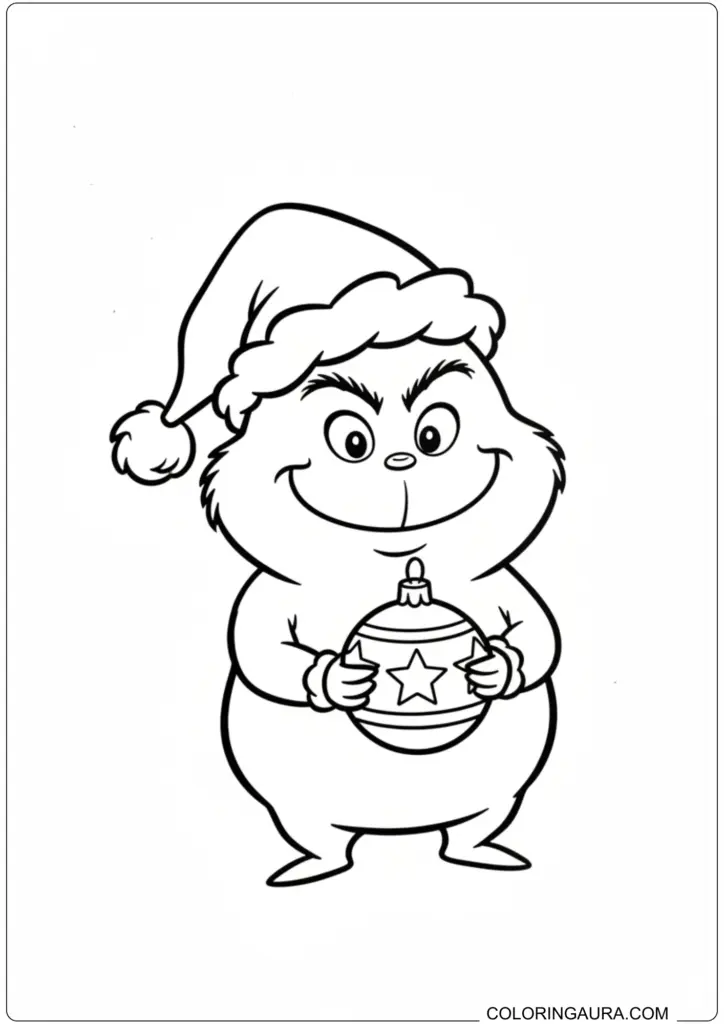 Adorable baby Grinch wearing Santa hat holding a star ornament for printable Christmas coloring.