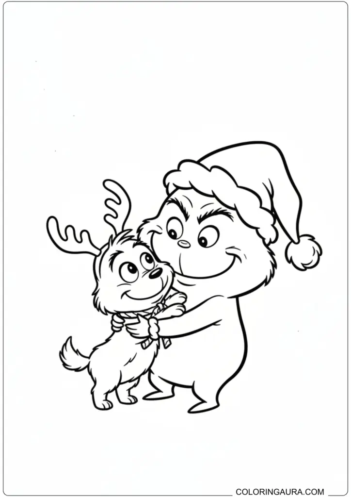 Adorable baby Grinch hugging his dog Max wearing an antler for heartwarming Christmas coloring.