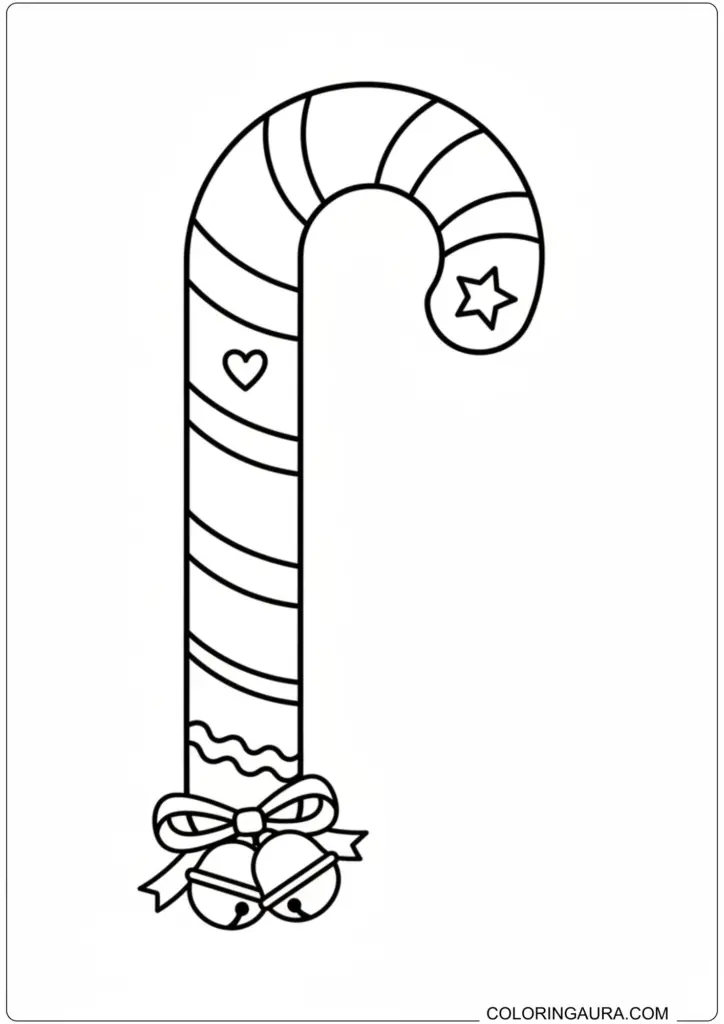 Printable Christmas coloring page of a striped candy cane with bells, heart, and star details.