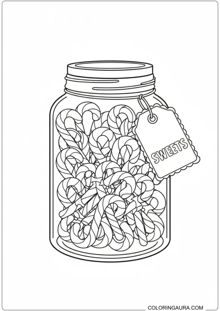 Printable coloring page featuring a glass jar filled with mini striped candy canes and a tag.