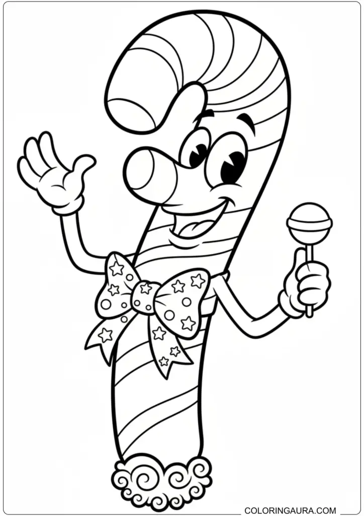 Printable coloring page of a happy cartoon candy cane character waving and holding a lollipop.