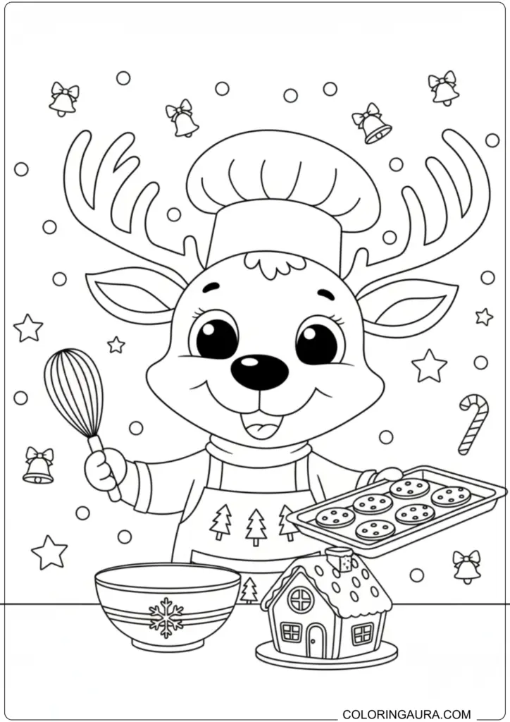 Cute reindeer chef holding a whisk and tray of cookies printable coloring page for kids