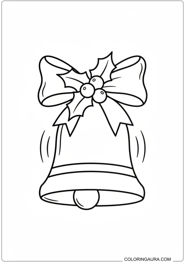 Classic Christmas bell adorned with a festive bow and holly leaves with berries, ringing lines indicate sound.