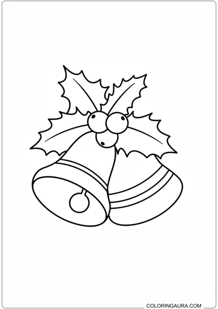 Black and white Christmas bells with holly and berries, perfect for holiday coloring activities