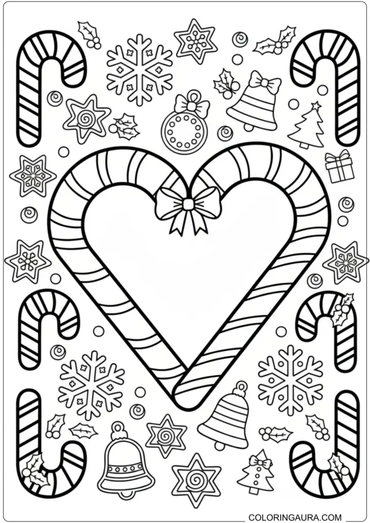 Printable coloring page featuring a candy cane heart surrounded by bells, snowflakes, and ornaments.