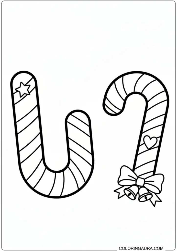 Printable coloring page showing two striped candy canes with star, heart, and bell decorations.