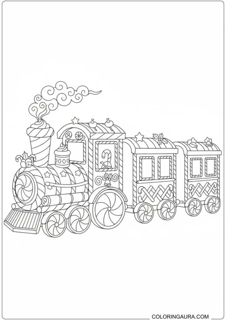 Printable coloring page featuring a festive train decorated with candy, stars, and holly.