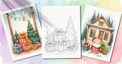 Christmas illustrations featuring a decorated tree, printable gift box coloring page, and cute Santa scene.