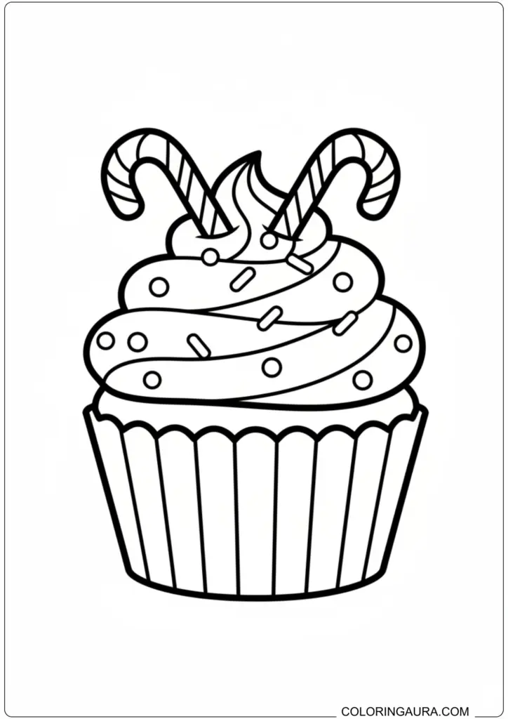 Printable coloring page of a festive cupcake topped with sprinkles and two striped candy canes.
